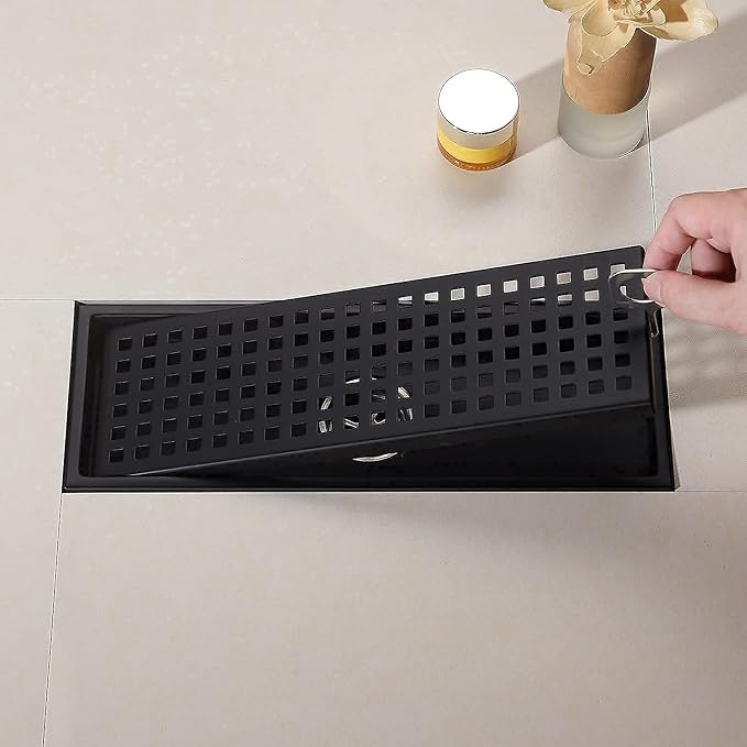 12 Inch Rectangular Shower Floor Drain, Detachable to Insert The Mesh Grille Cover, SUS304 Stainless Steel, Matt Black
