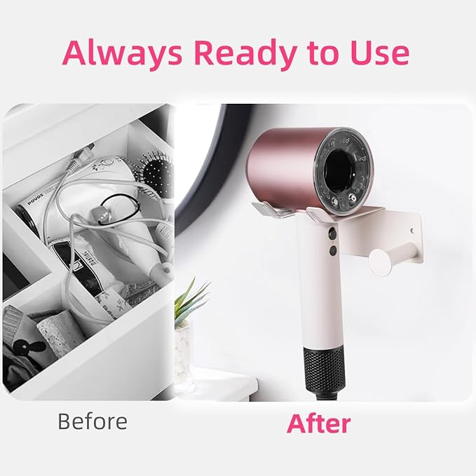 Hair Dryer Holder, HairDryer Holder Wall Mounted, Self Adhesive Blow Dryer Holder, Stainless Steel Hair Dryer Holder, Hairdryer Holder for Bathroom White