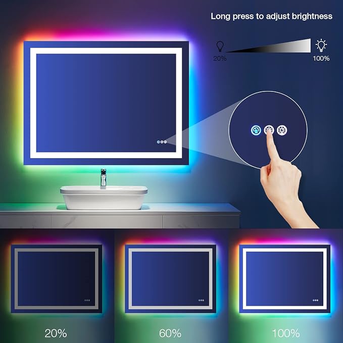 LOAAO 40"X32" RGB LED Bathroom Mirror with Lights, UL Listed | Anti-Fog, Dimmable, RGB Backlit + Front Lighted, Memory Function, Tempered Glass