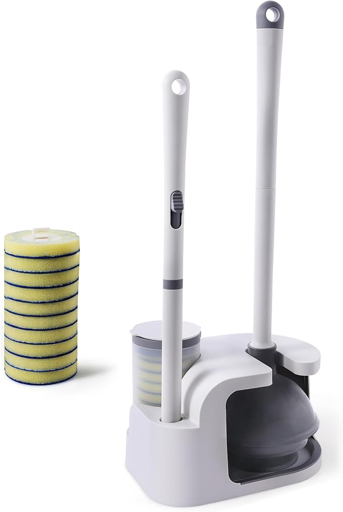 Eyliden Toilet Brush and Plunger Set, Disposable Wand Kit with 10 Refills | Pre-Soaked Concentrated Cleaner Sponge, Touch-Free, 2-in-1 Compact Holder, Powerful Suction Cup, Bathroom Cleaning System