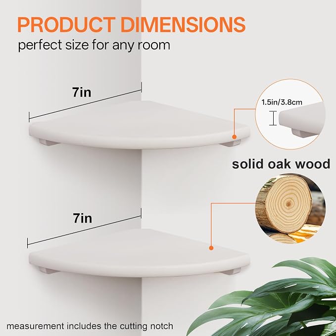Gieanoo Floating Corner Shelves Set 2 7inch White Solid Oak Rounded Corner Shelves Wall Mounted with Cable Hole Wood Corner Hanging Shelves for Living Room Bedroom Bathroom Kitchen
