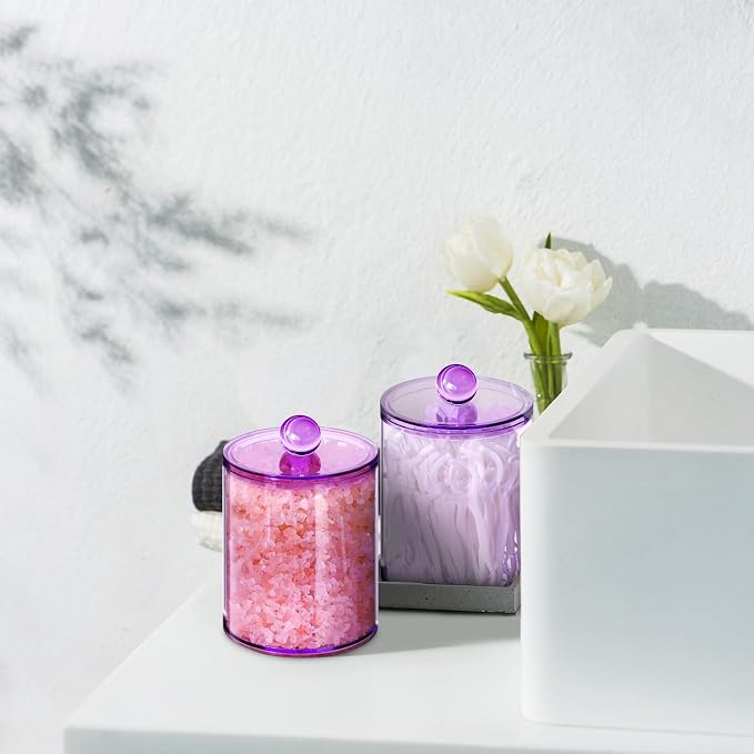 4 Pcs Acrylic Qtip Holder, Cotton Ball Holder Jars with Lids, Purple | Apothecary Jars for Cotton Swabs, Balls, Pads and Floss Picks, Bathroom Vanity Organizer