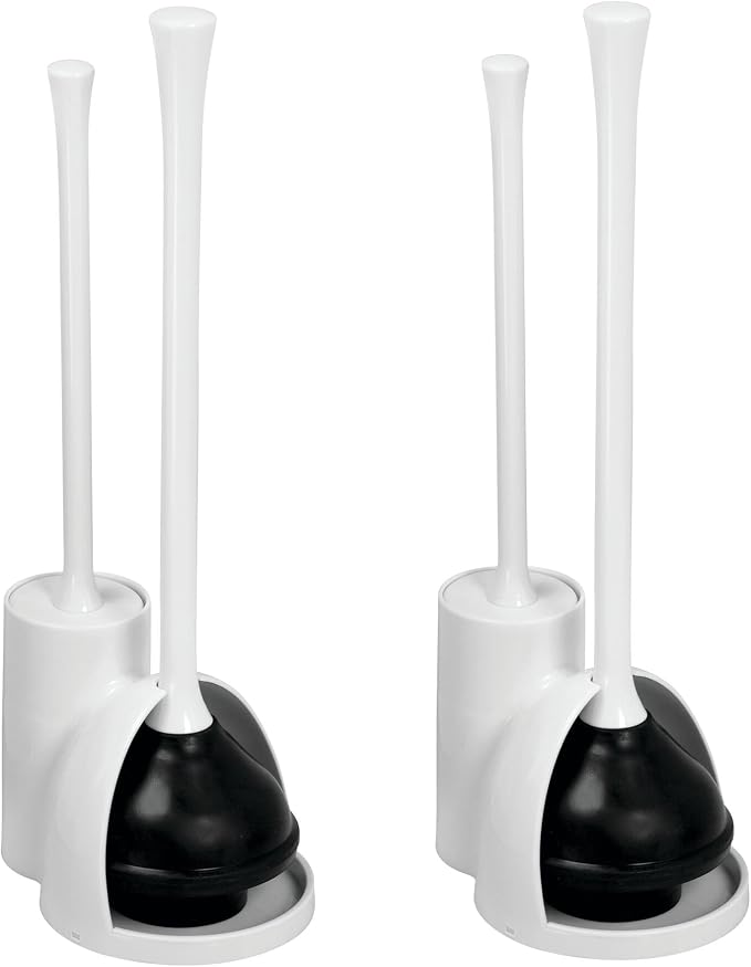 iDesign Compact Plunger Set, White, Set of 2 | Toilet Brush, Bathroom Cleaning, Storage