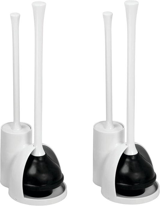 iDesign Compact Plunger Set, White, Set of 2 | Toilet Brush, Bathroom Cleaning, Storage