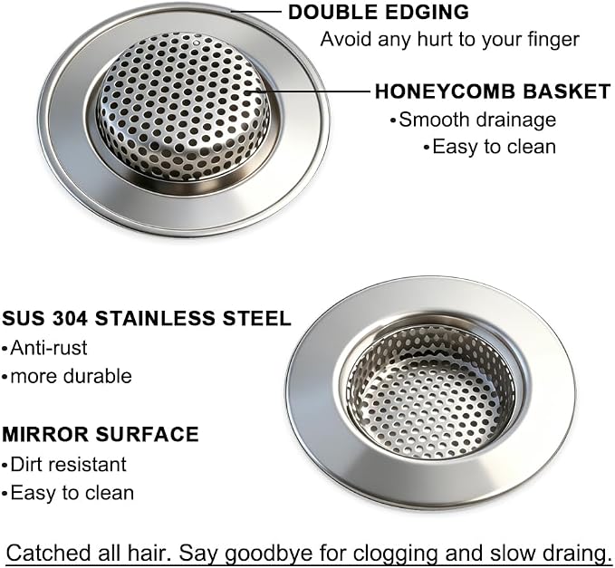 Seatery Bathtub Drain Strainers, Tub Drain Hair Catcher, Stainless Steel Bath Drain Cover Basket, Outer Diameter 3.0 inch/7.7cm, Inner Diameter 1.60 inch/4.0cm, Pack of 2