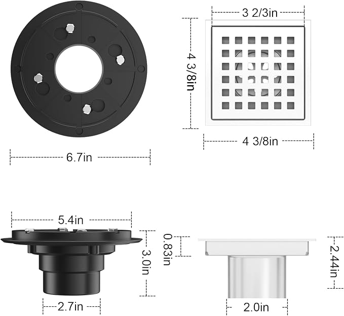 EXF Square Shower Drain 4-3/8 Inch Chrome, Stainless Steel Shower Floor Drain Kit with ABS Flange, Removable Cover Grid Grate, Hair Strainer