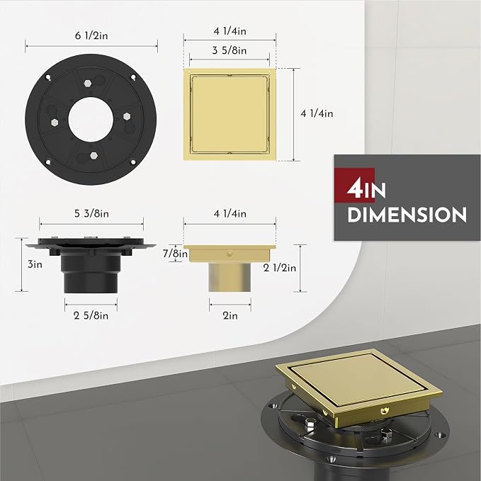 WEBANG 4 Inch Square Shower Drain Gold Floor Drain with Flange Reversible 2-in-1 Cover Tile Insert Grate Removable SUS304 Stainless Steel CUPC Certified Brushed Gold