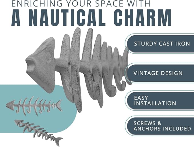 Comfify Antique White Fish Bones Cast Iron Wall Hook Rack – 4 Hooks, Screws | Antique White; fish bones cast iron; 9.05"L x 3.34"H; 4 hooks; screws & anchors included; coastal decor