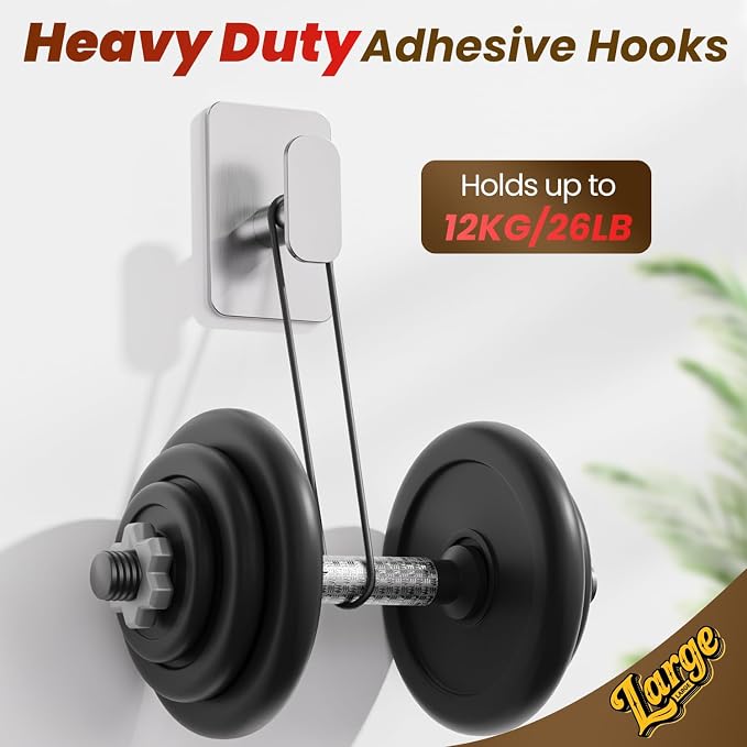 Large Heavy Duty Wall Hooks - 26lb Max, Stainless Steel Adhesive Towel Hooks for Hanging Towel, Coat, Robe, Hat, Sticky Towel Holder for Wall Mount in Bathroom, Shower, Kitchen(Silver, 2 Pack)