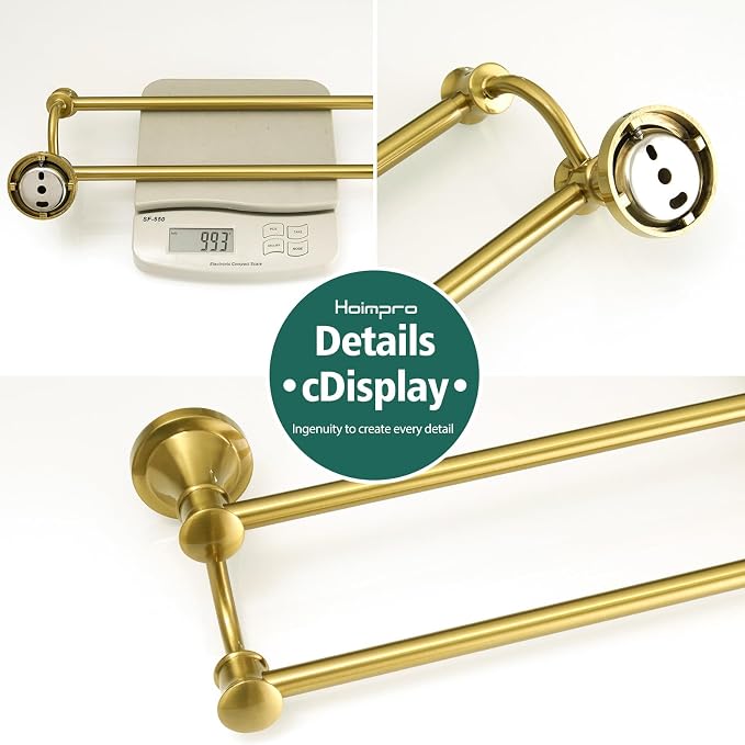 Hoimpro Adjustable Retractable 15-27 Inches Stainless Steel Bathroom Towel Bar, Bathroom Accessories Bath Hotel Double Towel Bar Rod Hanger Wall Mounted Towel Holder Towel Rack, Brushed Gold
