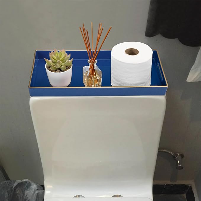 MAONAME Royal Blue Vanity Tray Set of 2, Plastic Decorative Tray with Handles, Long Narrow Trays, Rectangular Bathroom Trays for Toilet Tank, 13.8" X 6" X 1.57"