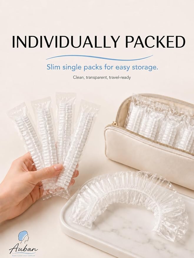 Auban 100PCS Disposable Shower Caps Independent Packing, Plastic Clear Hair Cap Large Thick Waterproof Bath Caps for Women, Travel Essentials Accessories (20.5")