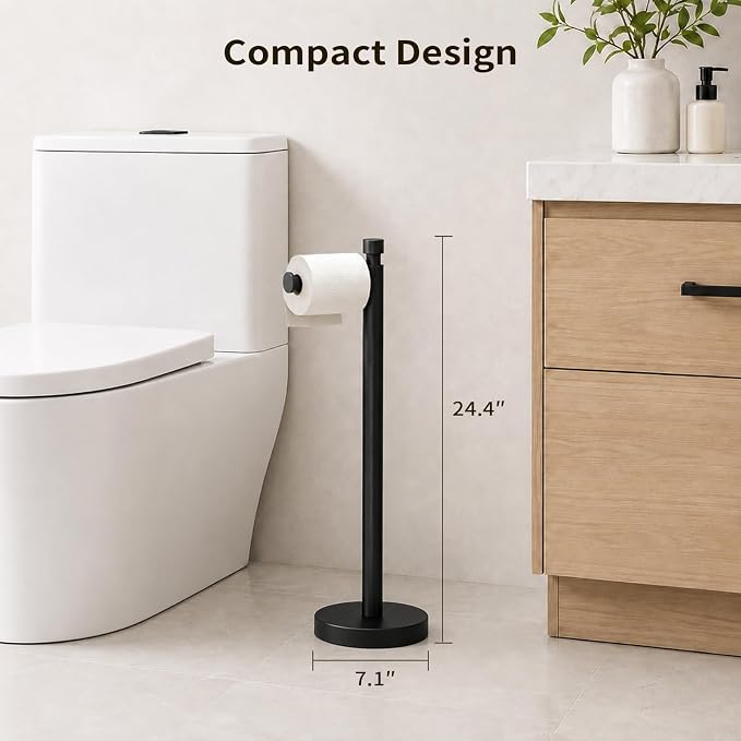 Toilet Paper Holder Stand with Weighted Base, Matte Black | Stainless Steel Design with Open-Arm Access for Bathrooms and Powder Rooms