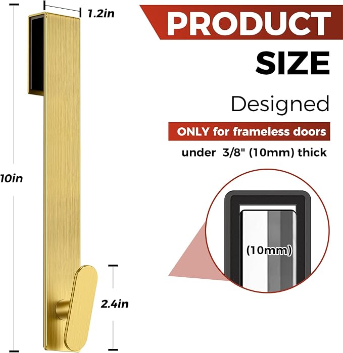 Shower Door Hooks 10 Inch,Extended Heavy Duty Shower Hooks for Towels,Over the Towel Hooks for Bathroom Frameless Glass Door (Gold,2 Pack)
