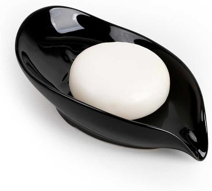 Soap Dish, Self Draining Soap Holder, Leaf Shape Ceramic Bar Soap Holder Drain Soap Dishes for Bathroom Sink Kitchen, Easy to Clean, Keeps Soap Dry, Black, ANTIS'S HOME
