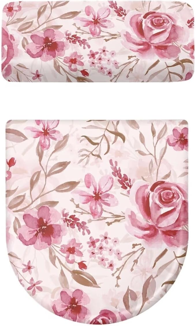 Pink Rose Toilet Tank Cover for Bathroom Romantic Toilet Lid Cover Set 2 Oval Bathroom Set for Valentine's Day