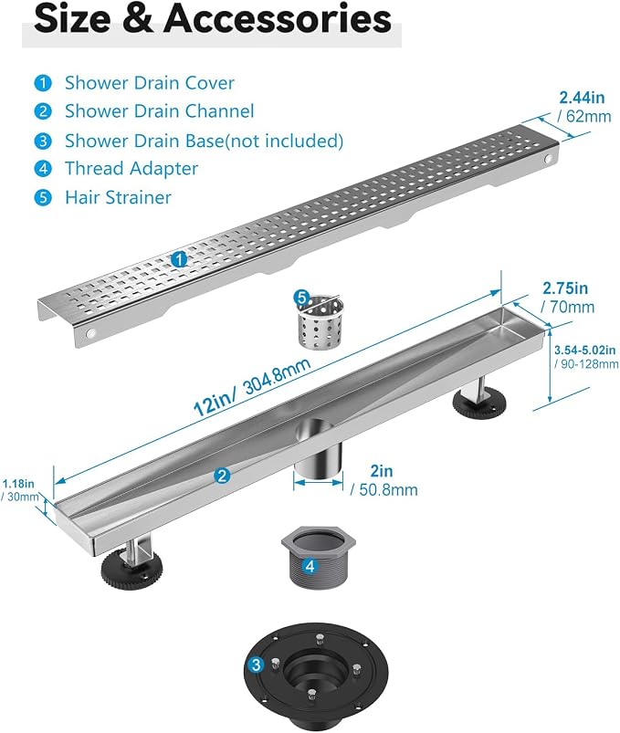 Shower Drain, Linear Shower Drain 12 Inch(Brushed Nickel), Modern 304 Stainless Steel Shower Floor Drain with Grate Removable, Adjustable Leveling Feet