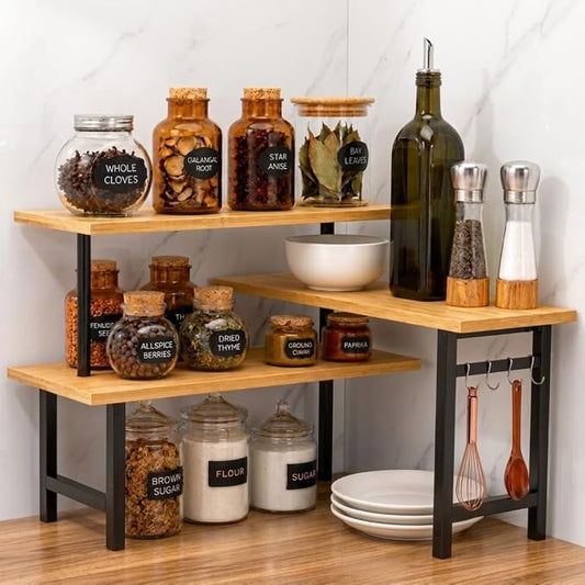 3-Tier Bamboo Corner Organizer Countertop Shelf | Extended top shelf, coffee bar organizer, kitchen counter corner shelf, bathroom vanity, spice rack, space saving bamboo