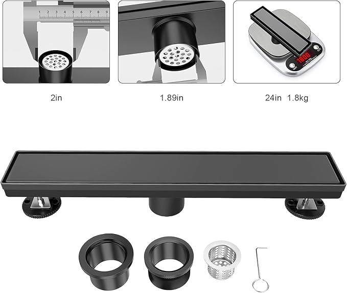 EXF 24" Matte Black Linear Shower Floor Drain with Dual Tile Insert Cover & Fast Water Flow, 304 Stainless Steel for Bathroom CUPC Certified