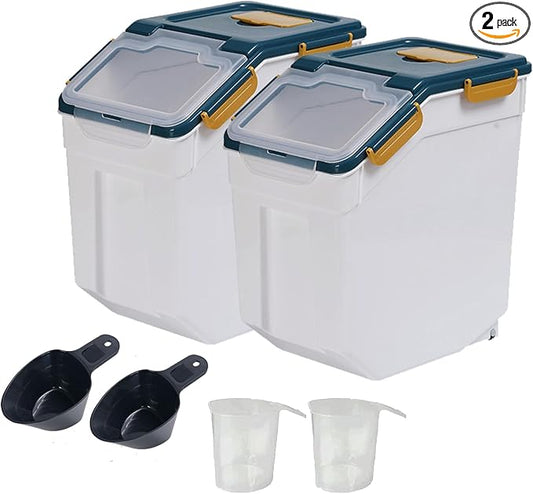 2 Pack Large Flour Storage Container 25 lb, Airtight Food Storage Bins with Wheels & Locking Lid, BPA Free Rice Grain Organizer with Measuring Cup, Flour Bin for Kitchen Pantry (Blue)