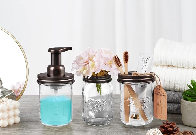 SheeChung Mason Jar Toothbrush Holders, Bathroom Accessories, Bathroom Essentials, Bathroom Organizers and Storage, Bathroom Countertop Organizer, Glass Toothbrush Holders for Bathroom-Bronze