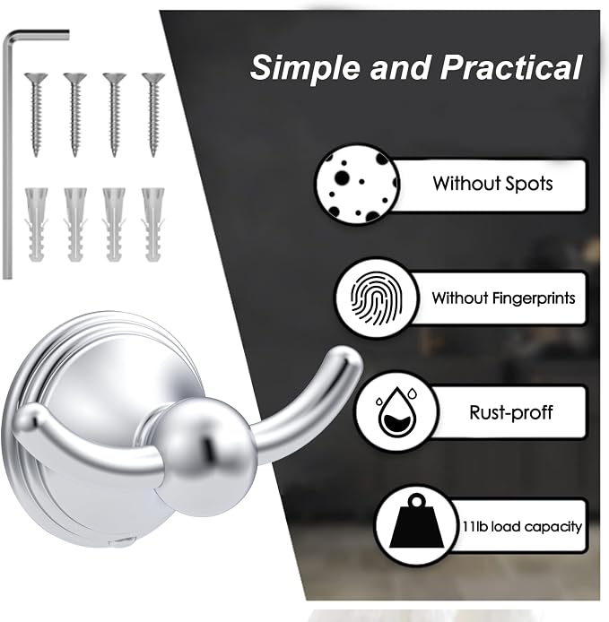 Asidrama Towel Hooks for Bathroom,Polished Chrome Coat Hooks for Kitchen Shower Door Wall Mounted,Exquisite Robe & Towel Hooks,Durable Robe Wall Hooks for Hanging Towels (2 Pack)