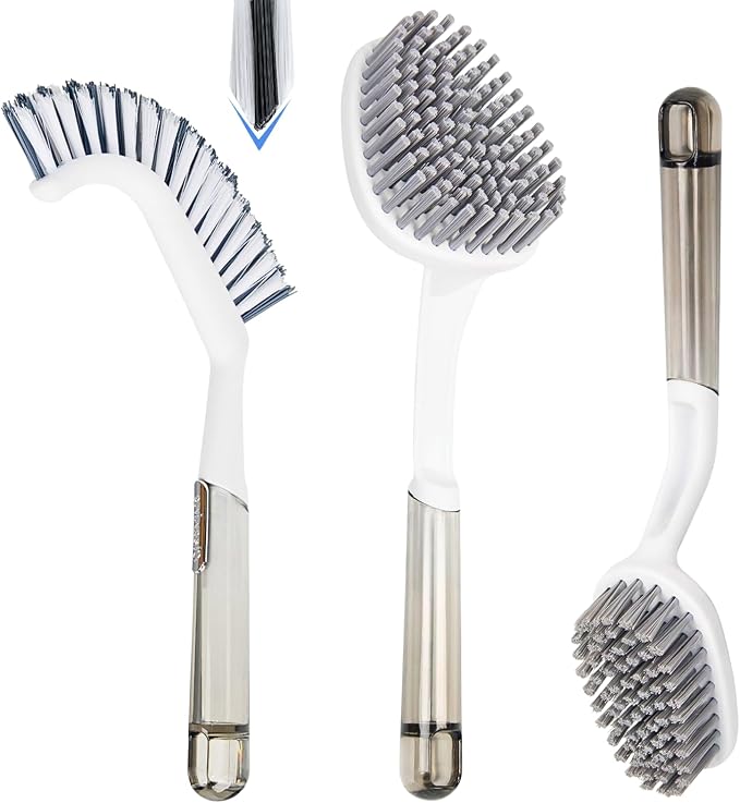 3 Pack Shower Brush for Cleaning, Heavy-Duty Scrub Brush Set for Bathroom | 3 Specialized Brushes, Stiff Bristles, Curved Brush, V-Shaped Grout Brush, Bathroom Deep Cleaning