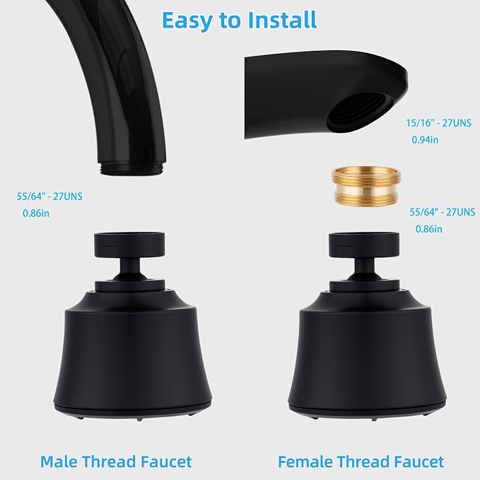 iFealClear Kitchen Sink Faucet Head with Metal Ball Joint, 360° Swivel Faucet Sprayer Head, Big Angle Faucet Aerator Adapter 55/64-27UNS Female Thread, 4 Spray Modes, Extra Metal Adapters, Matte Black