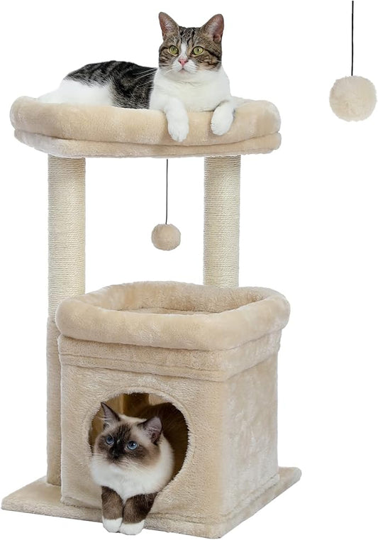 PEQULTI Indoor Cat Tree Tower Small Cats, Sisal Post & Cozy Condo, Beige | Private soft cat condo, soft top perch, natural sisal scratch posts, plush pom-pom toy for indoor kitties