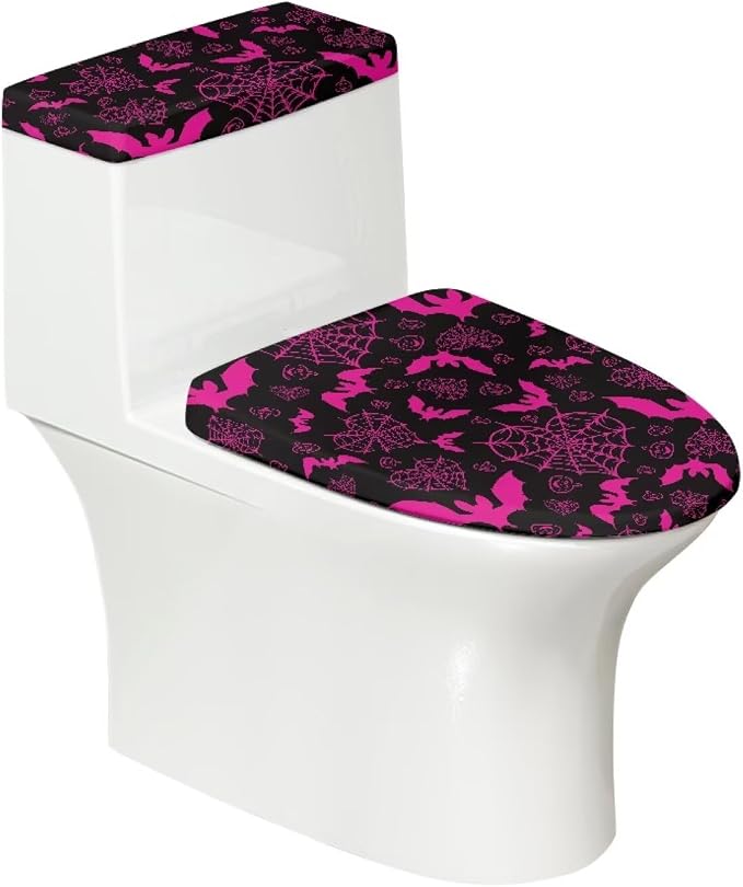 Spider Web Toilet Tank Cover for Bathroom Bat Toilet Lid Cover Set 2 Oval Bathroom Set for Halloween Party
