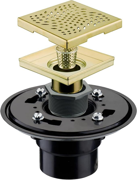 Brushed Gold Square Shower Drain with Flange 4x4, HIDROP 4 inch SUS 304 Stainless Steel Brass Gold Shower Floor Drain with Removable Hair Strainer