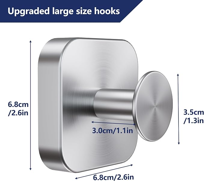 Aikzik Adhesive Hooks for Shower, Heavy Duty Replaceable Sticky Large Wall Towel Hooks for Hanging Towel, Robe, Coat, Stainless Steel Hook for Bathroom and Door, Waterproof & Rustproof - 2 Pack,Silver