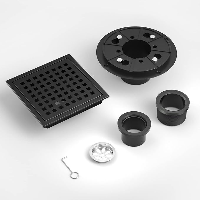 4 Inch Square Shower Drain Matte Black with Removable Quadrato Pattern Grate, SUS 304 Stainless Steel Floor Drain with Flange