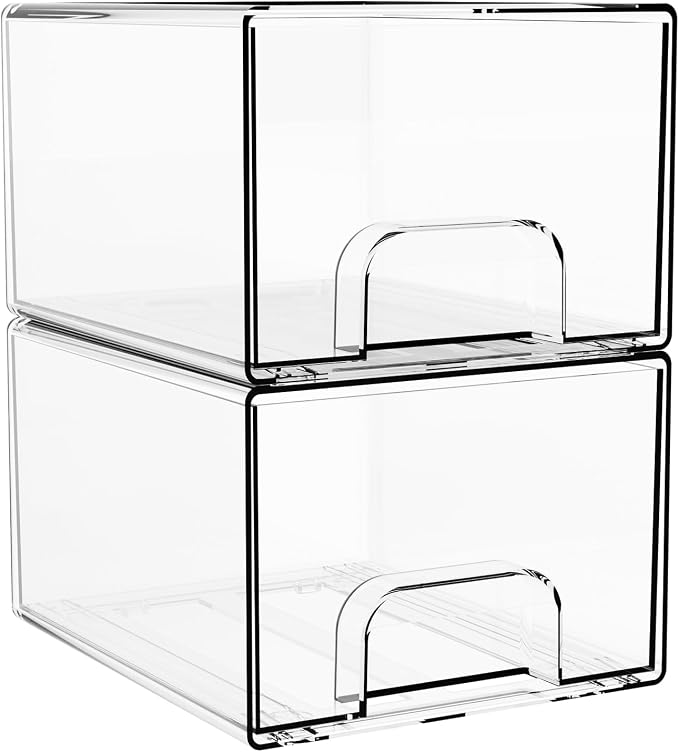 4.4" Tall Small Clear Acrylic Stackable Storage Drawers for Vanity,Under Sink,Bathroom Closet,Medicine Cabinet Organization and Plastic Storage Bins for Organizing Makeup,Baby Bottles,Pacifier,2 PCS