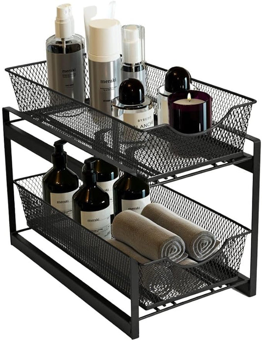 IBERG 2 Tier Bathroom Organizer Under Sink with Pull Out Drawer (Black)