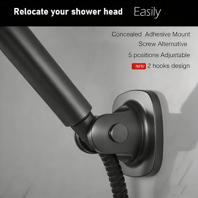 Wall Mount Handheld Shower Head Holder - 5 Angles Adjustable - Concealed Adhesive Mount - Screw Alternative - Bathroom Shower hose Holder (Gun Metal)