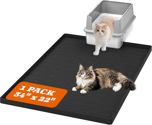 Pawtners Silicone Cat Litter Mat 34 x 22 in, Easy to Clean, Black, 1 Pack | Non-Slip Kitty Litter Mat for Floor, Waterproof & Urine-Proof Cat Litter Mat Litter Trapping Mat, Soft on Kitty Paws