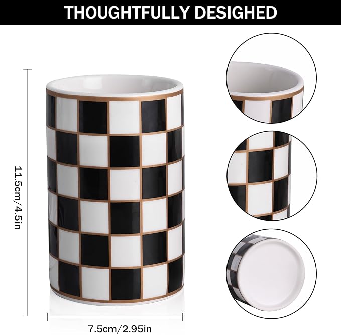 Checkered Bathroom Toothbrush Holder, Bathroom Black and White Ceramic Toothbrush Holder, Modern Toothbrush Box, Used for Bathroom countertop Storage Rack, Checkered Bathroom Decoration (Black)