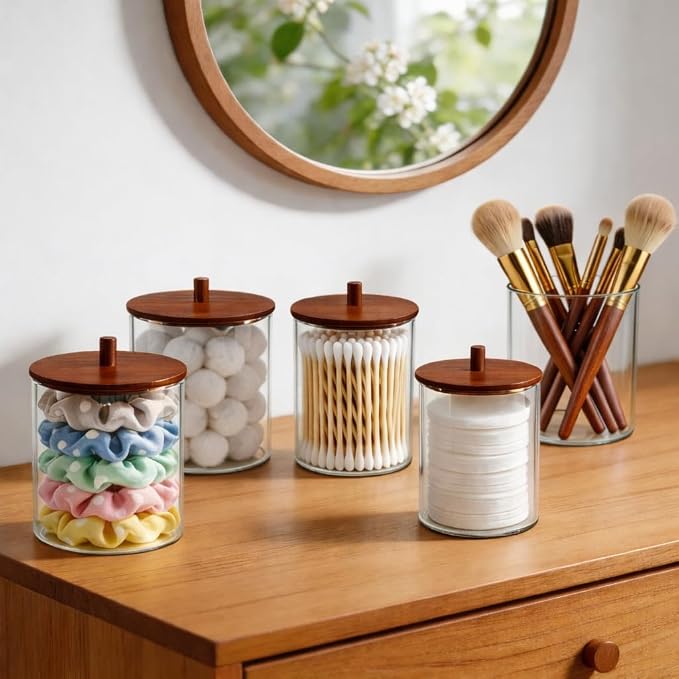 15oz & 10oz Glass Qtip Holder with Acacia Wood Lids, 6 Pack Apothecary Jars | Small Glass Dispenser Jars with Labels, for Cotton Swabs, Cotton Balls, Pads, Floss Picks, Toothpicks, Vanity Organization