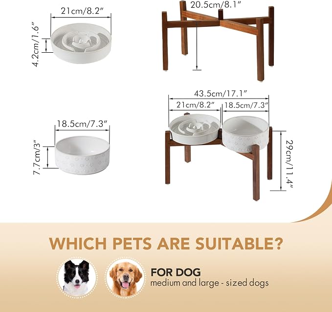 Havniva Raised Slow Feeder Dog Bowls, Elevated Dog Bowls Slow Feeder Set | 1.6 Cups Ceramic Dog Bowl Elevated with Acacia Wood Stand, Raised Dog Food Bowl, Puzzle Slow Feeder for Medium Dogs, Non-Slip