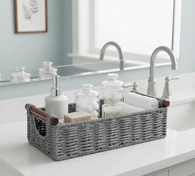 CubesLand Wicker Toilet Storage Basket Tray Organizer W/Cut Out Handle, Slim Decorative Basket for Countertop, Shelves And for Versatile Home Decor, Living Room, Nursery Organization, Grey