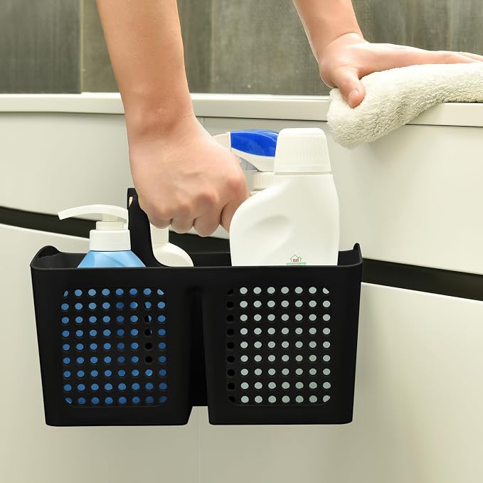 Portable Shower Caddy Basket with Wood Handle, 3-Compartment Bathroom Organizer Tote with Drain Holes, Plastic Shower Basket for Dorm, Toiletries, Cleaning Supplies, Black