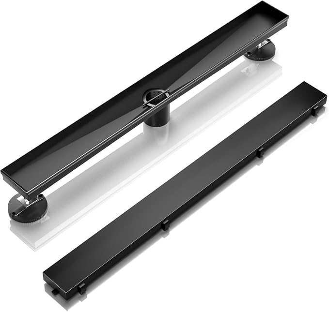 BARONAGE 28 Inch Linear Shower Drain, Rectangle Shower Floor Drain with 2-in-1 Flat & Tile Insert Cover, 304 Stainless Steel Bathroom Drains with Hair Catcher and Leveling Feet (Matte Black)