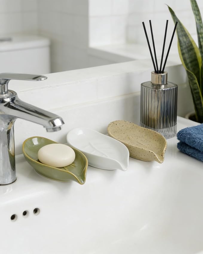 Soap Holder, Self-Draining Soap Dish, Leaf Shape Ceramic Bar Soap Holder Drain Soap Dishes for Bathroom Sink Kitchen, Easy to Clean Keeps Soap Dry, Olive Green, ANTIS'S HOME