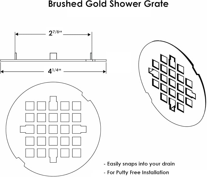 4 ¼” Brushed Gold Snap-in Shower Drain Cover - Gold Replacement - 4.25" OD Shower Drain Strainer - Easy Install - Premium Round Shower Drain Cover - Solid Brass Construction