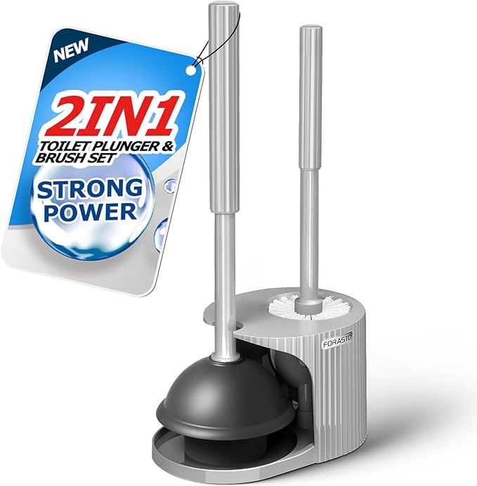 FORASTO 2in1 Toilet Brush & Plunger Set, Bathroom Essentials for Apartment | 21" Extended, Apartment Must Haves, Accessories Decor, Essentials, New Home Storage, Scrubbing Tools, Supplies, Dark Gray