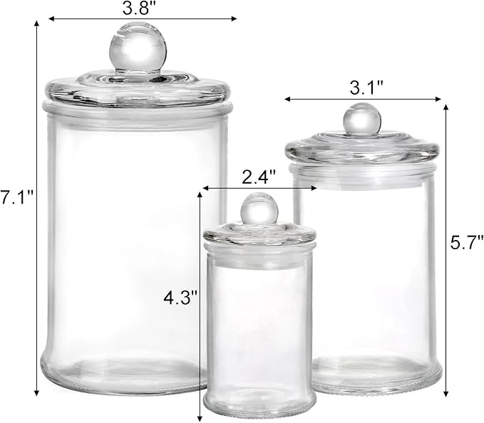 Set of 3 Glass Apothecary Jars with Lids, Bathroom Canisters Storage Container Jars, Decorative Small Glass Apothecary Jar for Cotton Swabs, Cotton Balls, Makeup Sponges, Bath Salts