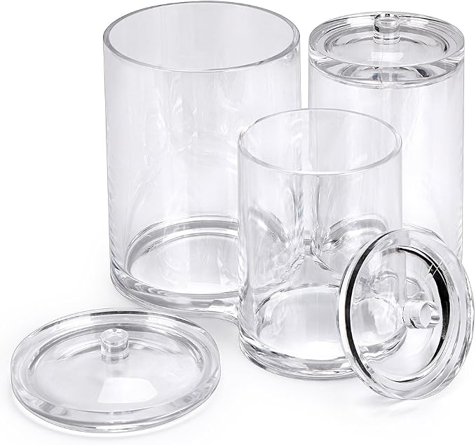 Hipiwe Clear Acrylic Cotton Swab Holder Preminm Quality Round Container Cotton Pad Q-tip Organize Case for Make Up Brush Clear Apothecary Jar