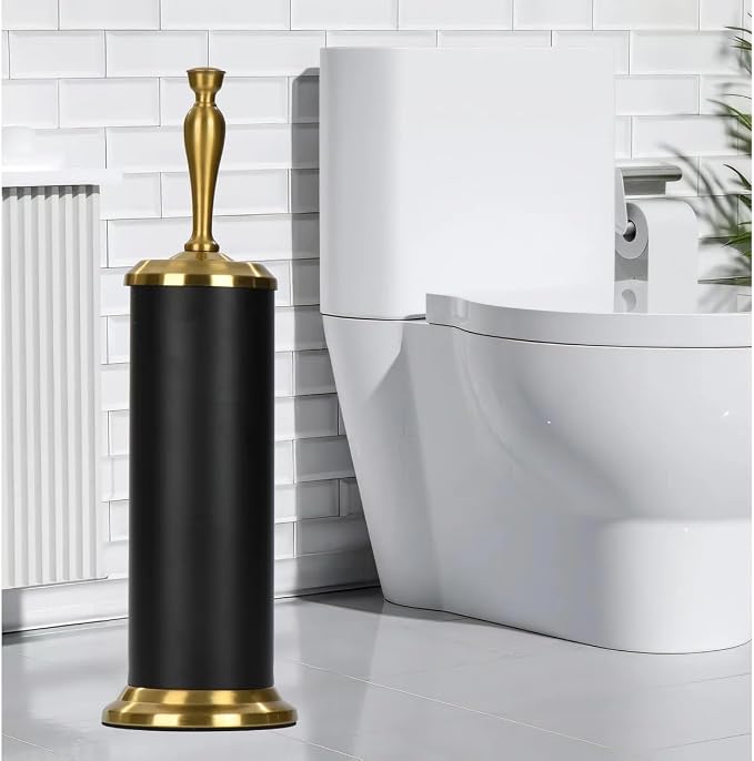J&V TEXTILES Toilet Brush, Toilet Bowl Brush with Extra Long Handle Durable Bristles Toilet Scrubber and Covered Holder for Toilet Brush Set for Bathroom Cleaning (Matte Black/Aged Brass)