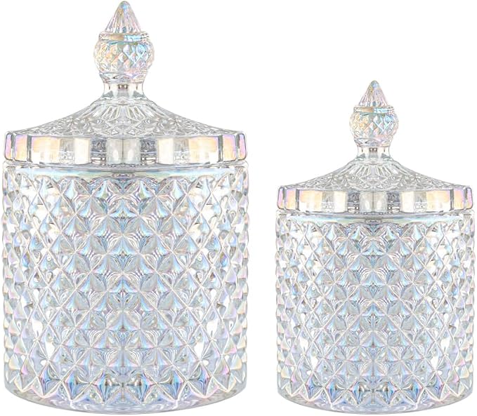 2 Pack Glass Qtip Holder, Apothecary Jars with Lids Bathroom Storage | Dazzle (10+24oz), Storage for Cotton Swabs, Balls, Pads, Floss Pick, Makeup, Candy & Jewelry, Vanity Organizer for Bathroom